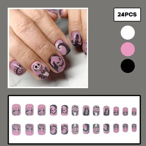 24 uñas postizas de Halloween con diseño de novia fantasma rosa, parches de dibujos animados, puntas cuadradas cortas. 