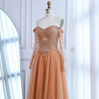 Vestido de noche de lujo color piel, corte A, hombros descubiertos y cuentas LA73038 