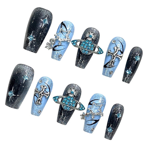 10 uñas postizas estilo Y2k, hechas a mano, en azul brillante, con diseños de cruz de diamantes brillantes, uñas postizas desmontables. 