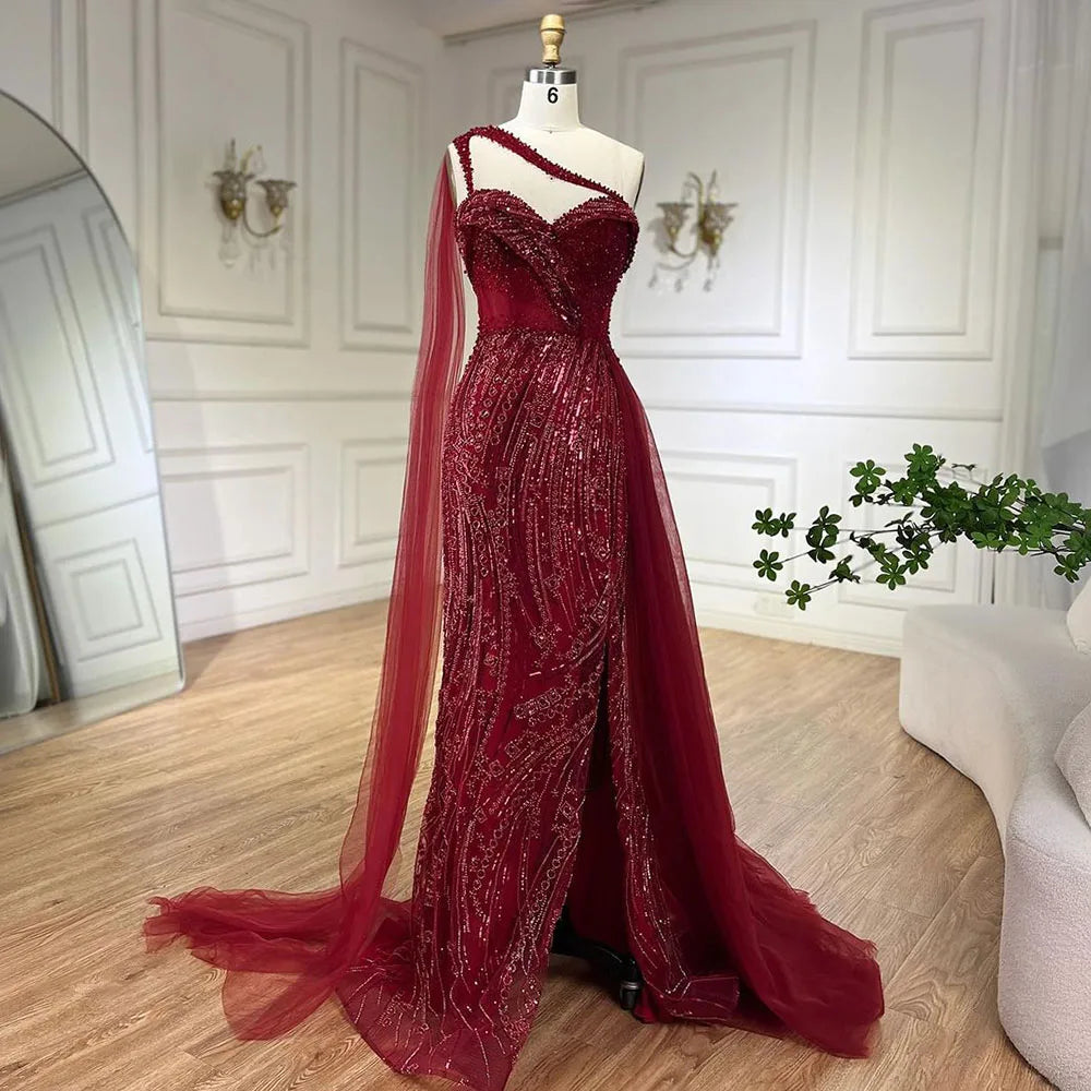 Vestido de noche de sirena de lujo verde con un solo hombro y capa LA72472