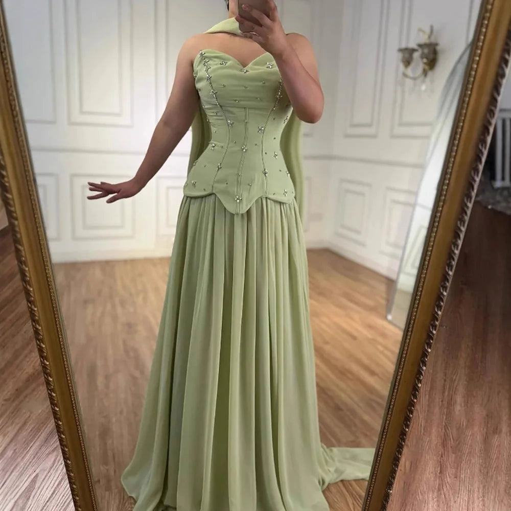 Elegantes salbeigrünes A-Linien-Abendkleid aus Chiffon LA73073 