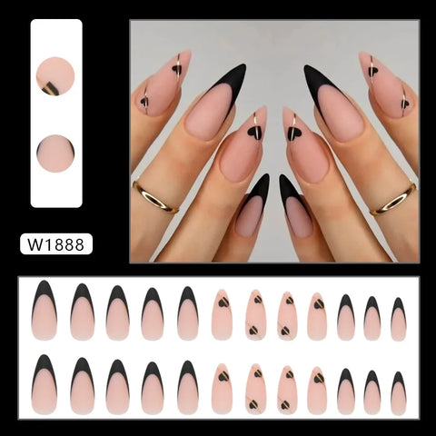 24 uñas postizas largas Y2k con forma de estilete, color negro, con forma de corazón, esmeriladas, estilo francés, para chicas con un toque picante. 