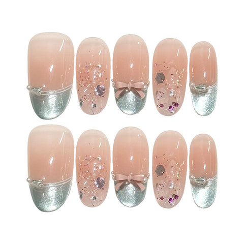 10pcs Flash Sequins Cat's Eye Press On Nails Sweet Almond Korean False Nail With Bows Pearl Decor Mint Green French Fake Nails