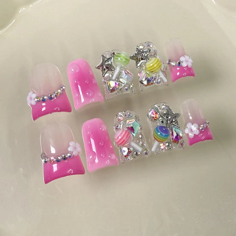 10 Stück Fantasy Lollipop Tragbare künstliche Nägel Farbverlauf Pink Französischer Stil Y2k Stern Diamant Drücken Sie auf die Nägel Süßer Entenschnabel Falscher Nagel 