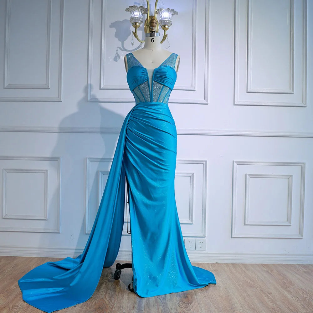 Blaues Ballkleid mit seitlichem Überrock und Spaghettiträgern LA73011