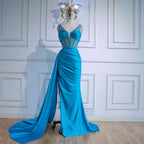 Blaues Ballkleid mit seitlichem Überrock und Spaghettiträgern LA73011