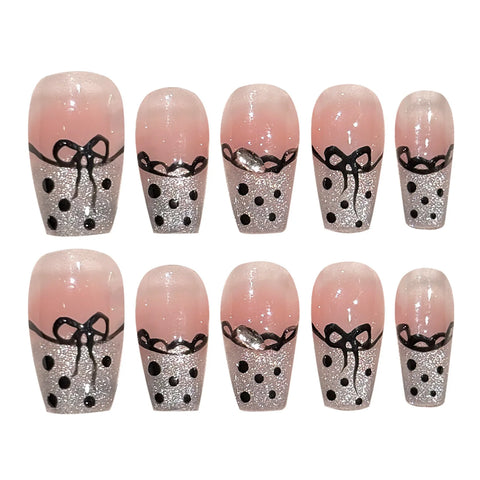 10 uñas postizas cuadradas cortas, hechas a mano, en rosa rubor, estilo francés, con encaje, ondas y lazos. 