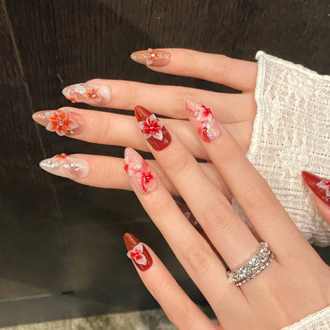 10pcs Hand Carved 3D Devil Flower Press On Nails Gradient Rose Pink Almond Handmade False Nails Shiny Sequins Summer Fake Nail