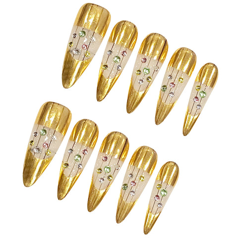10 Stück handgefertigte goldene Kunstnägel, helles Luxus-Press-On-Nägel mit Flash-Diamant-Design, abnehmbare lange mandelförmige Kunstnägel 