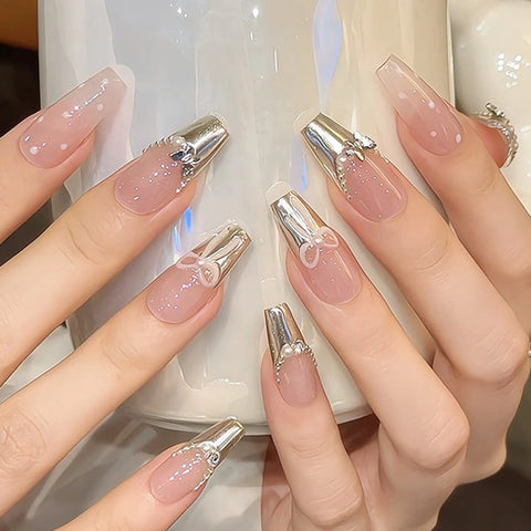 10 Stück handgefertigte französische Spitzen, falsche Nägel, mittellang, Sarg, künstliche Nägel, Metall, Schmetterling, Perle, Schleifen, Designs zum Aufdrücken der Nägel 
