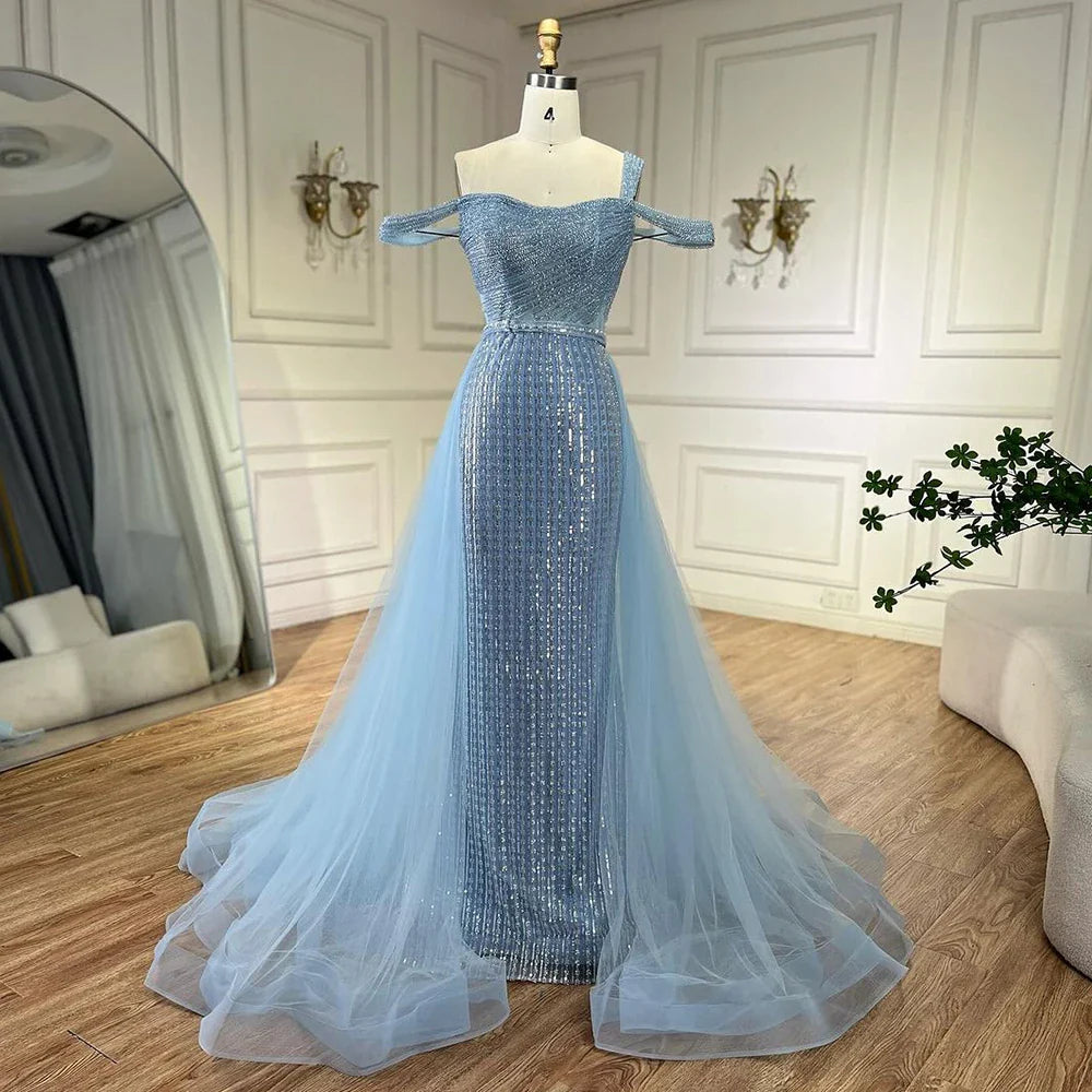 Serene Hill Gold Mermaid Elegant One Shoulder Overskirt Beaded Luxury Evening Dresses Gowns For Women Wedding Party