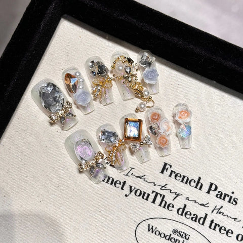 10pcs Medium Length Fake Nail Patch Y2k Style Handmade Press On Nail With Matal Butterfly Chain Decor Glossy Diamond False Nail