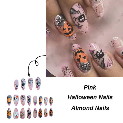 24 parches de uñas postizas rosa claro con diseño de calabaza, telaraña, calavera de terror, uñas postizas de Halloween, manicura usable 