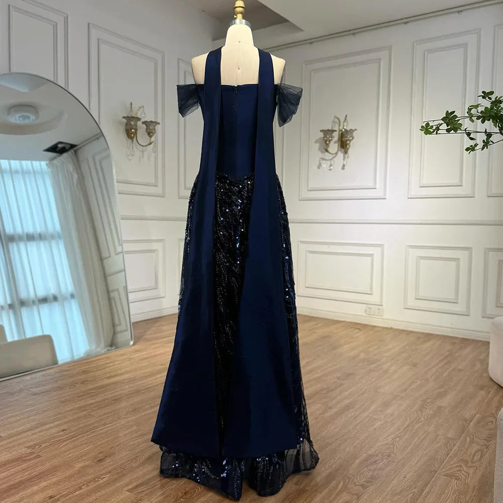 Luxury Arabic Navy A-Line Evening Dress with Beaded