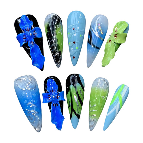 10 uñas postizas hechas a mano, bonitas y geniales, estilo Y2k, largas, de aguja, azules, con flores talladas en 3D, estilo hawaiano, para verano. 