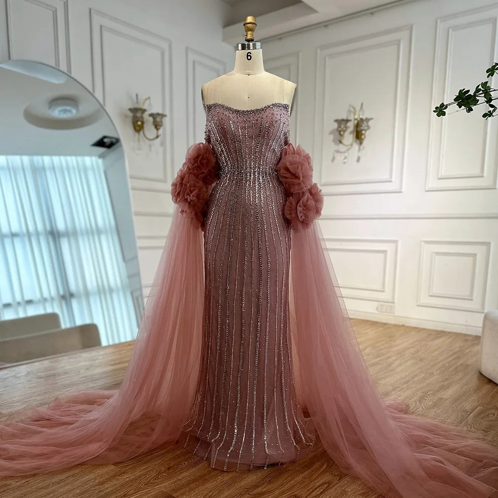 Luxuriöses rosafarbenes, perlenbesetztes Meerjungfrauen-Abendkleid im arabischen Stil mit Cape LA73019