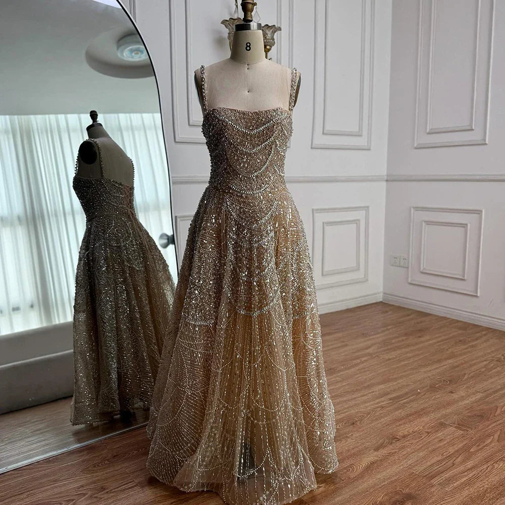 Luxuriöses, nudefarbenes A-Linien-Abendkleid mit Perlen und Kristallen LA72983A 