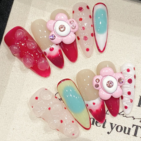 10 uñas postizas francesas hechas a mano, color naranja vitalidad, con diseño de flor de huevo tallada en 3D, largas, estilo ballet, para verano. 