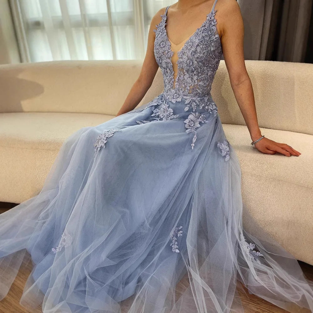 Vestido de fiesta de lujo de encaje verde salvia con tirantes finos, corte A, LA73005