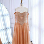 Vestido de noche de lujo color piel, corte A, hombros descubiertos y cuentas LA73038 