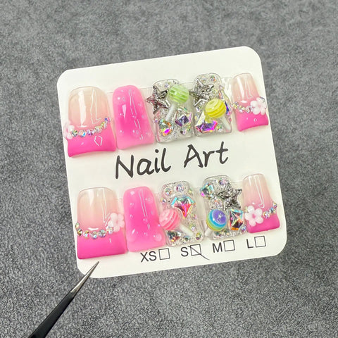 10 Stück Fantasy Lollipop Tragbare künstliche Nägel Farbverlauf Pink Französischer Stil Y2k Stern Diamant Drücken Sie auf die Nägel Süßer Entenschnabel Falscher Nagel 