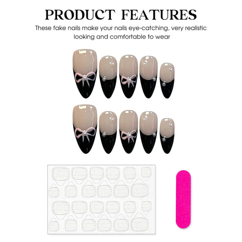 10 uñas postizas francesas negras con lazo, hechas a mano, brillantes, cortas, almendradas, para usar en salón de belleza. 