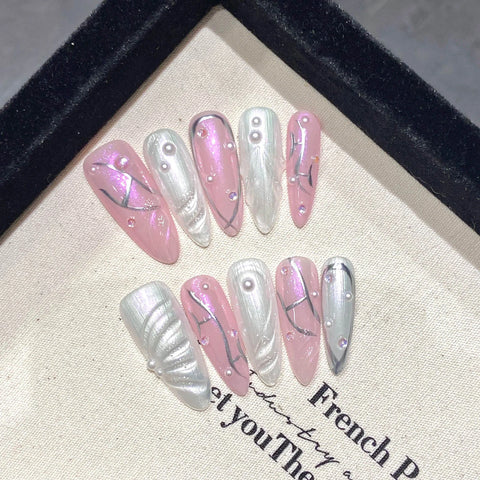 10 uñas postizas largas de almendra, hechas a mano, con diseño de ojo de gato, color rosa y blanco, con diseños de perlas, parches para uñas postizas fáciles de usar. 