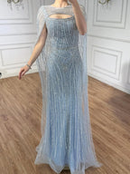 Luxuriöses blaues Diamant-Abendkleid mit Cape LA73426