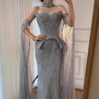 Luxury Gray Beaded Off-Shoulder Evening Dress with Cape Sleeves LA73076