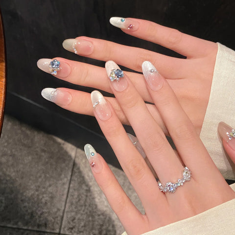 10 Stück bunte künstliche Nägel im französischen Stil, Dopamin, glänzendes Katzenauge, frisch, handgefertigt, zum Aufdrücken der Nägel, Sommer, glänzender Diamant, künstlicher Nagel 