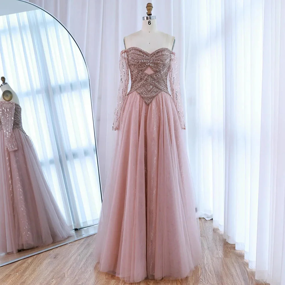Vestido de noche de lujo color piel, corte A, hombros descubiertos y cuentas LA73038 