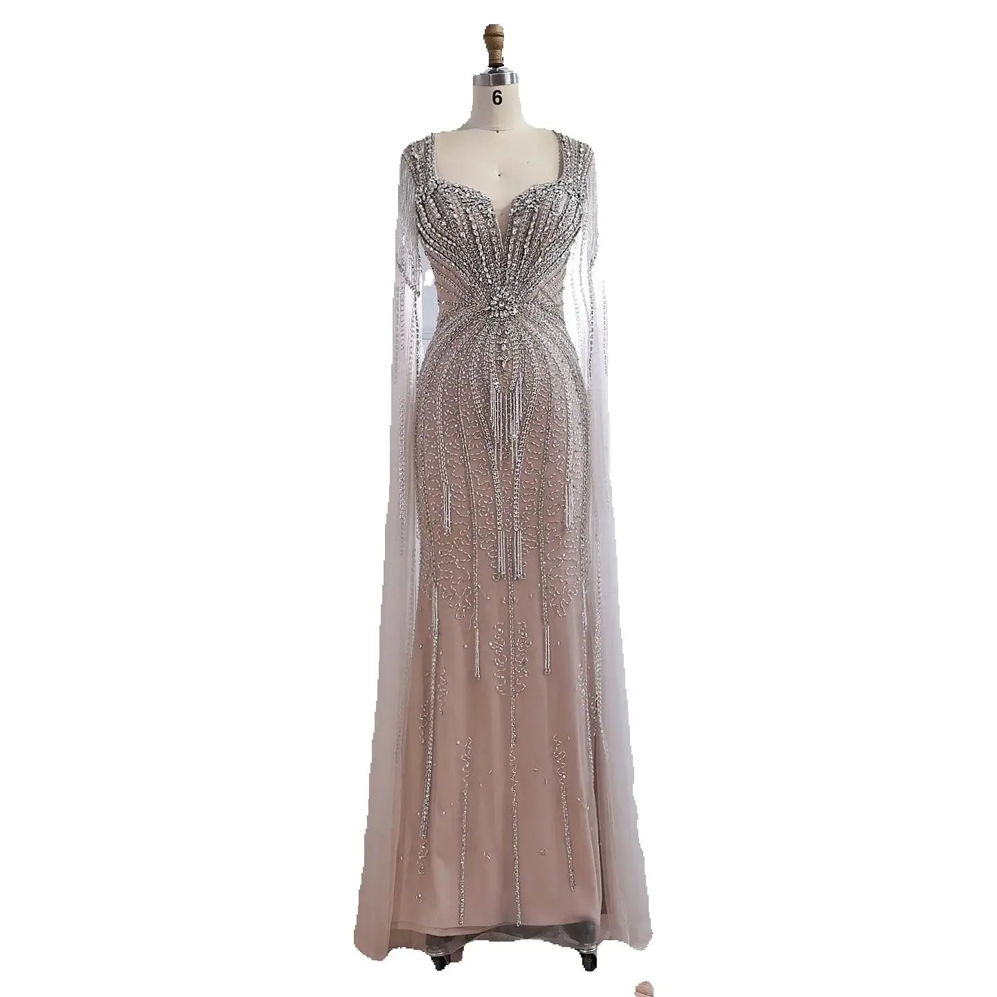 Luxuriöses, karamellfarbenes, perlenbesetztes Abendkleid mit Cape LA72992A