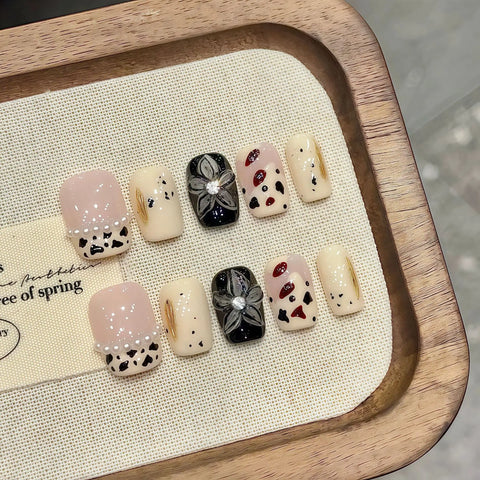 10pcs Sweet Cool Short Square False Nail Stereo Apple Alarm Clock Silver Flower Press On Nails Spicy Girl Handmade Fake Nail