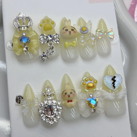 10pcs Handmade Press On Nails Four Color French Style Long-poined False Nails Metal Bows Diamond Cute Cartoon Decor Fake Nail