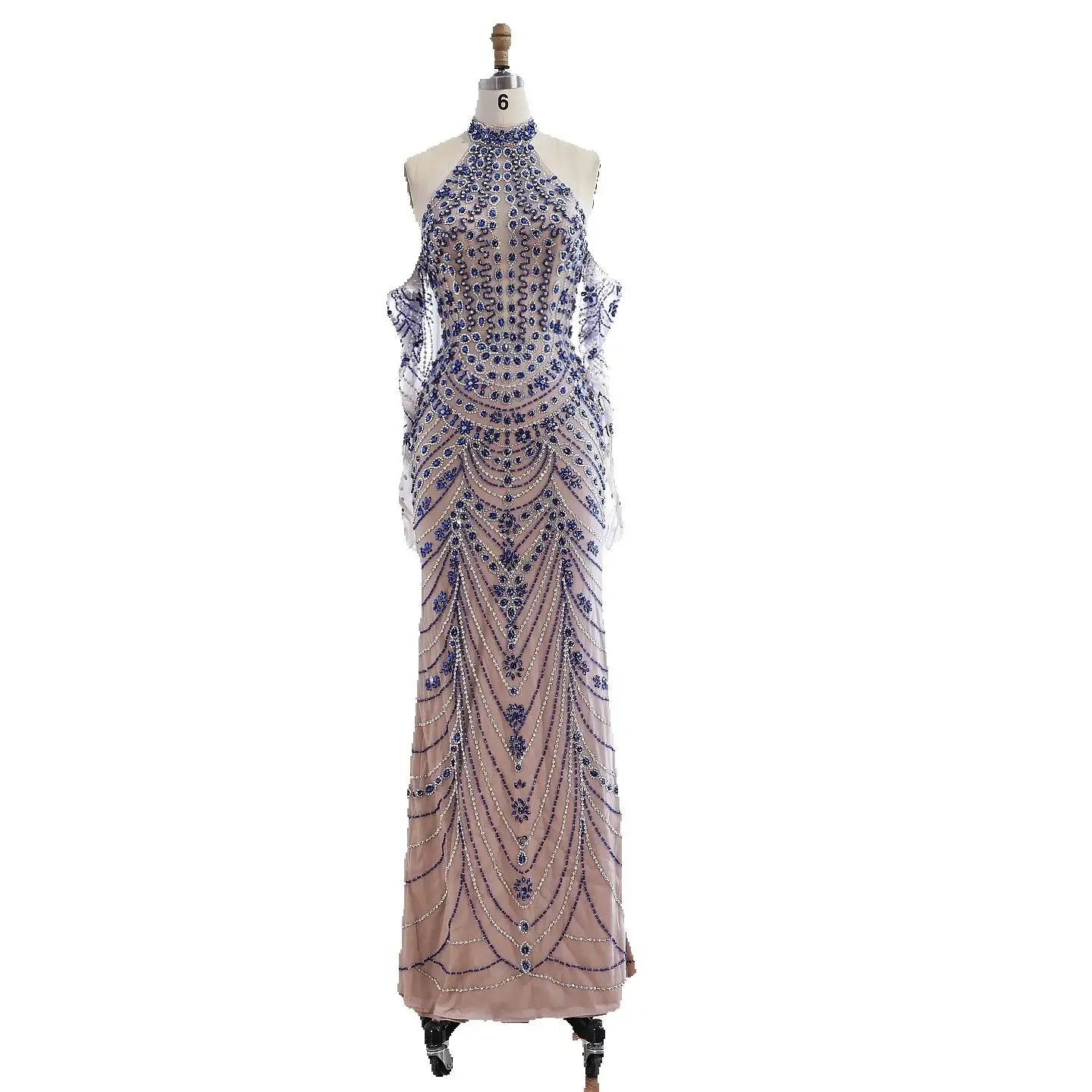 Vestido de noche azul kosovar de lujo con guantes LA72760C