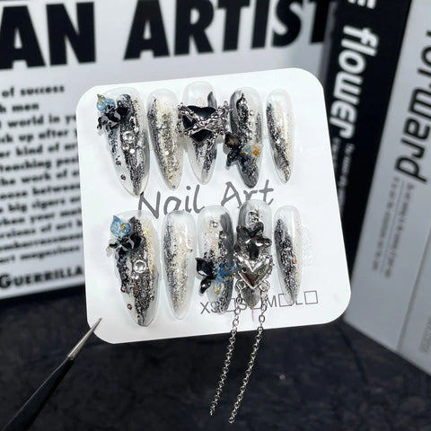 10 Stück handgemachte Press-On-Nägel, verschmiert, schwarzer Schmetterling, glänzende Pailletten-Designs, falsche Nägel, Y2k, süß, cool, lang, mandelförmig 