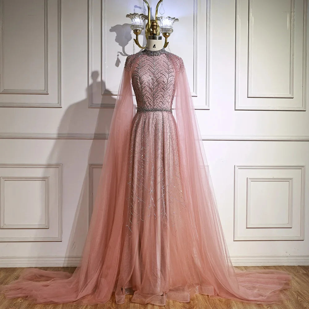 Luxuriöses, elegantes, pinkfarbenes Abendkleid mit Perlenbesatz und Cape LA73033 