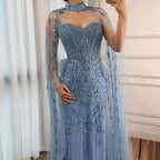Luxuriöses blaues Pailletten-Abendkleid mit Cape-Ärmeln LA73108
