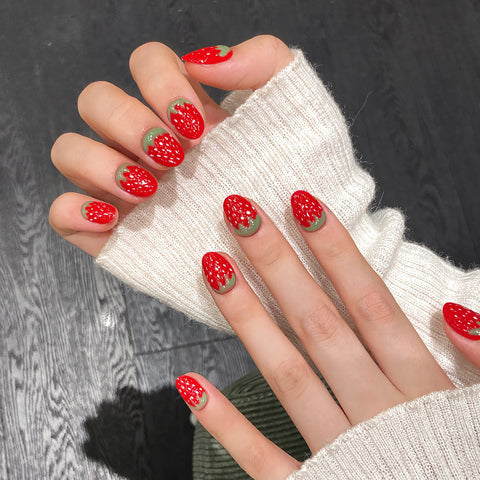 10 uñas postizas de fresa roja, hechas a mano, cortas y redondas, brillantes, con efecto ojo de gato, para usar. 