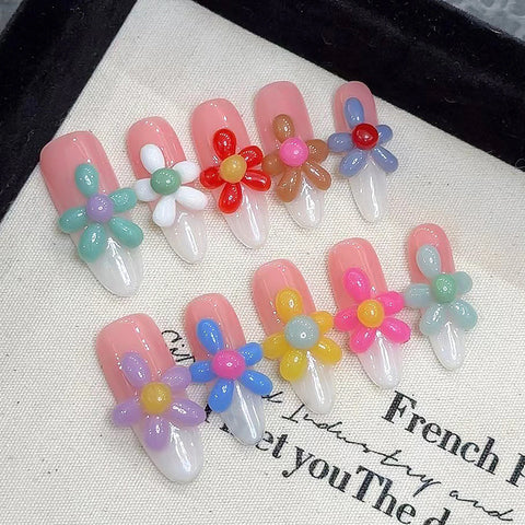 10 uñas postizas de plumeria amarilla hechas a mano, estilo francés, color verde menta degradado, largas, estilo bailarina, ideales para usar en verano. 