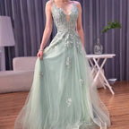Vestido de fiesta de lujo de encaje verde salvia con tirantes finos, corte A, LA73005