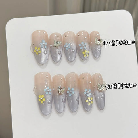 10 uñas postizas de flores de hielo de caramelo, hechas a mano, de estilo francés azul claro, con mariposa de cristal, uñas postizas de primavera Dopamine. 