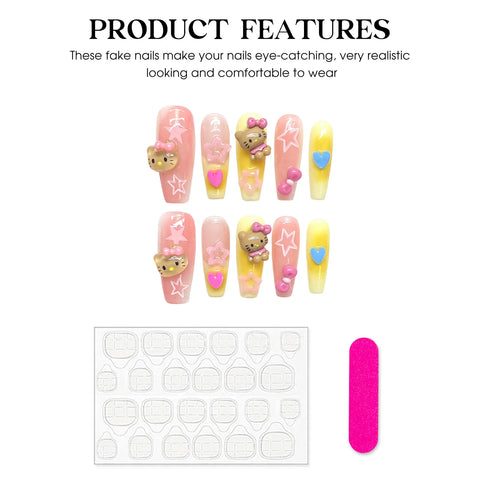 10 uñas postizas hechas a mano, estilo francés, rosas y amarillas, largas, estilo ataúd, 3D, con lazos de gato, decoración de uñas postizas, manicura artística. 
