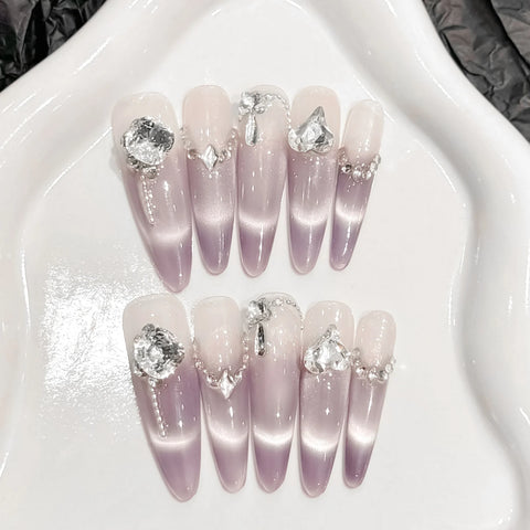 10 parches de uñas postizas moradas estilo francés, hechos a mano, con forma de estilete largo, con diseños de purpurina y diamantes de imitación, uñas postizas coreanas. 