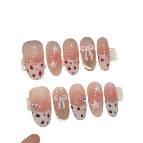 10 uñas postizas cortas con diseño de almendra, borde blanco, estampado de leopardo, estilo francés, hechas a mano, con lazo y estrellas ruborizadas. 