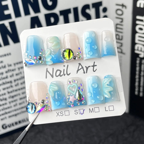 10pcs Gradient Blue Summer Fake Nails Glossy Cat's Eye 3D Flower Shiny Diamond Press On Nail Blush Duckbill Handmade False Nail