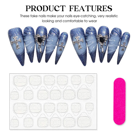 10 Stück Flash Blue Press On Nails Handgemachte lange Stiletto-Faltnägel mit Metallherz 3D-Wasserwellen-Designs Gefälschte Nagelkunst 