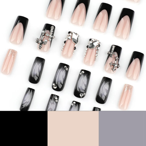 24 uñas postizas negras brillantes para chicas con estilo picante, con brillantes diamantes de imitación, estilo francés, uñas cruzadas a presión, uñas de ataúd de longitud media. 