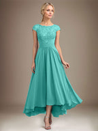 A-Linien-Kleid aus Chiffon mit asymmetrischem, plissiertem Spitzeneinsatz und Illusion-Ausschnitt für die Mutter der Braut 