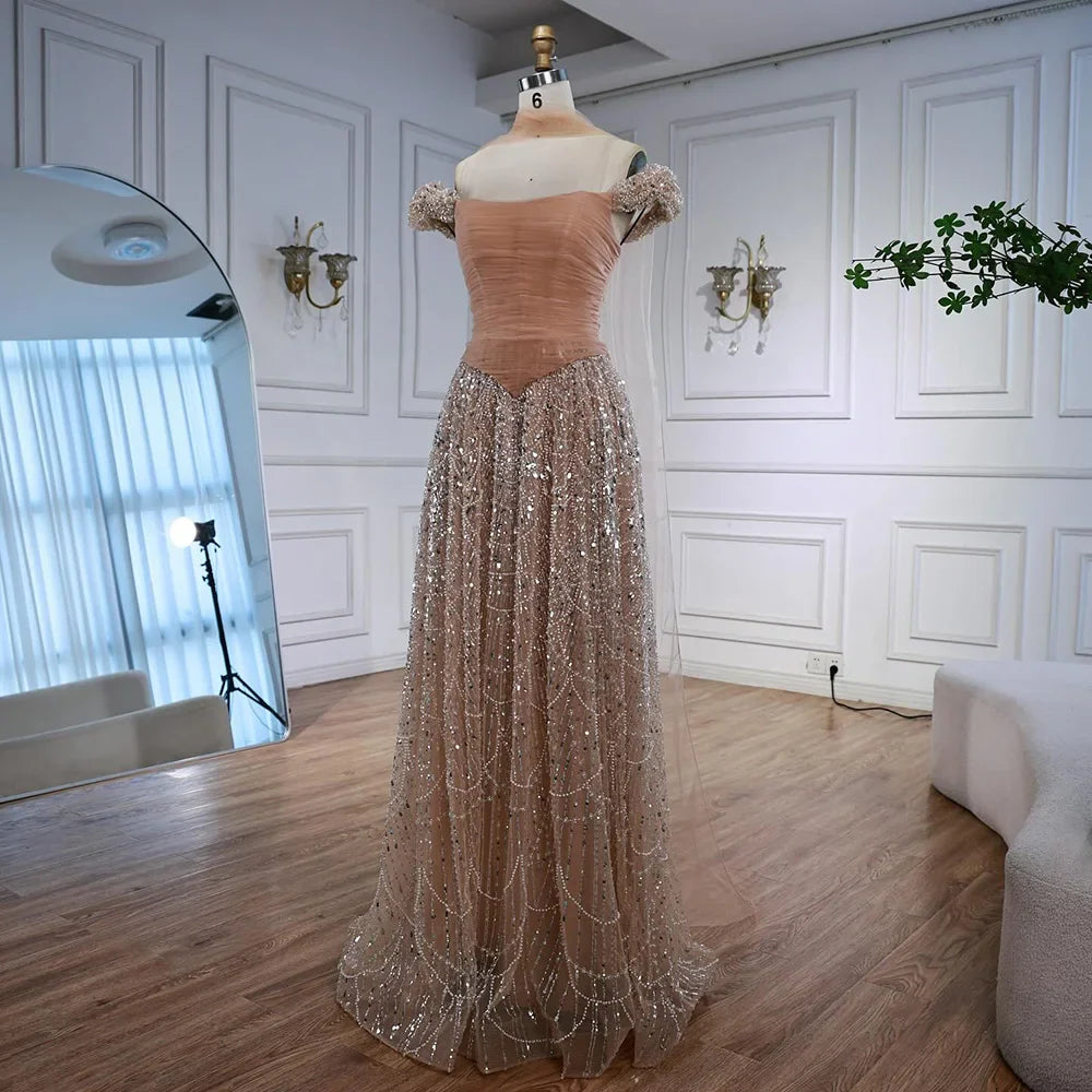 Vestido de noche árabe de lujo con cuentas de perlas rosas y capa LA72922